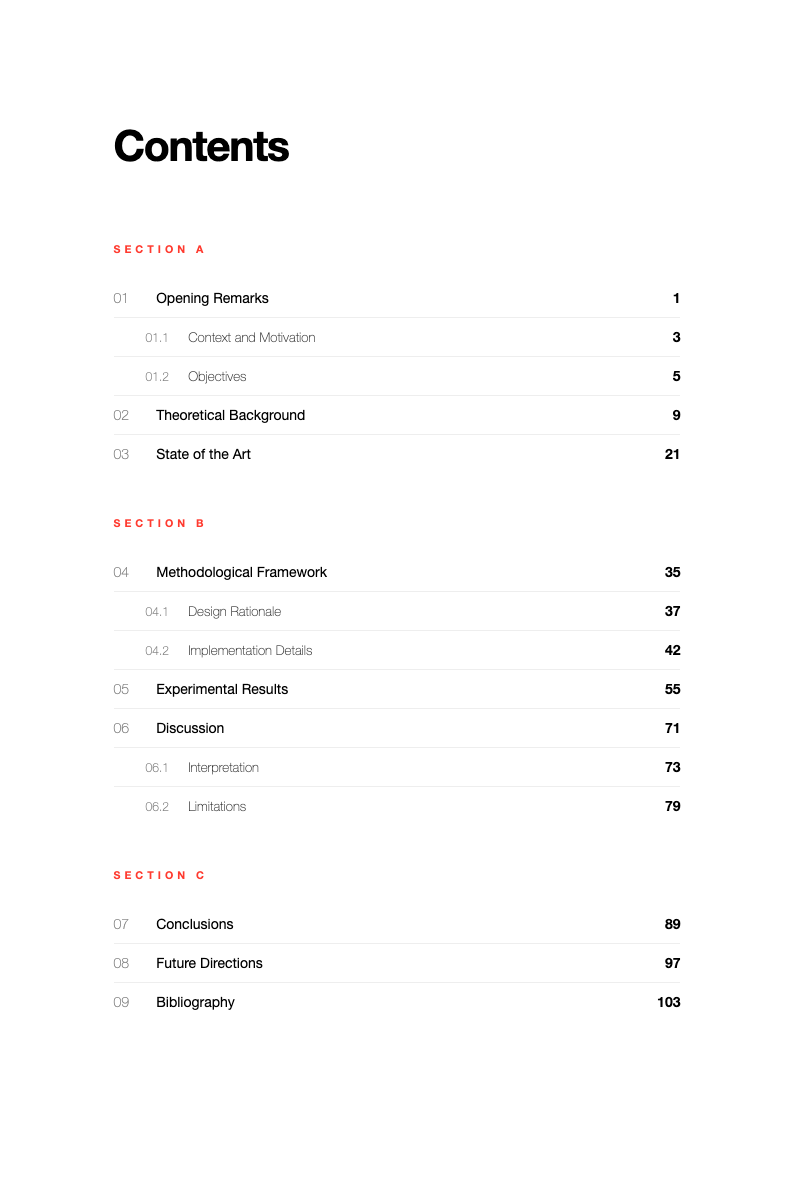 Modern minimalist book table of contents